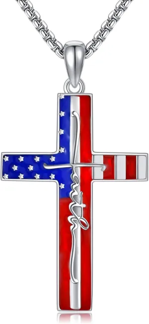 ONEFINITY American Flag Cross Necklace 925 Sterling Silver Faith Pendant Necklace USA Patriotic Christian Religious Jewelry Gifts for Women Men