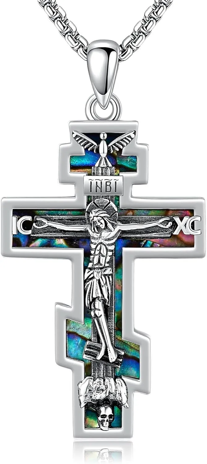 ONEFINITY Orthodox Cross Necklace 925 Sterling Silver Crucifix Abalone Shell Pendant Necklace Christian Religious Amulet Catholic Jewelry Mothers Gifts for Women Mom Grandma Men