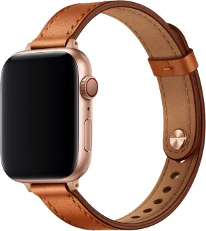 OUHENG Slim Bands Compatible with Apple Watch Band 42mm 41mm 40mm 38mm, Women Genuine Leather Replacement Thin Strap for iWatch SE2 SE Series 10 9 8 7 6 5 4 3 2 1 (Brown/Rose Gold)