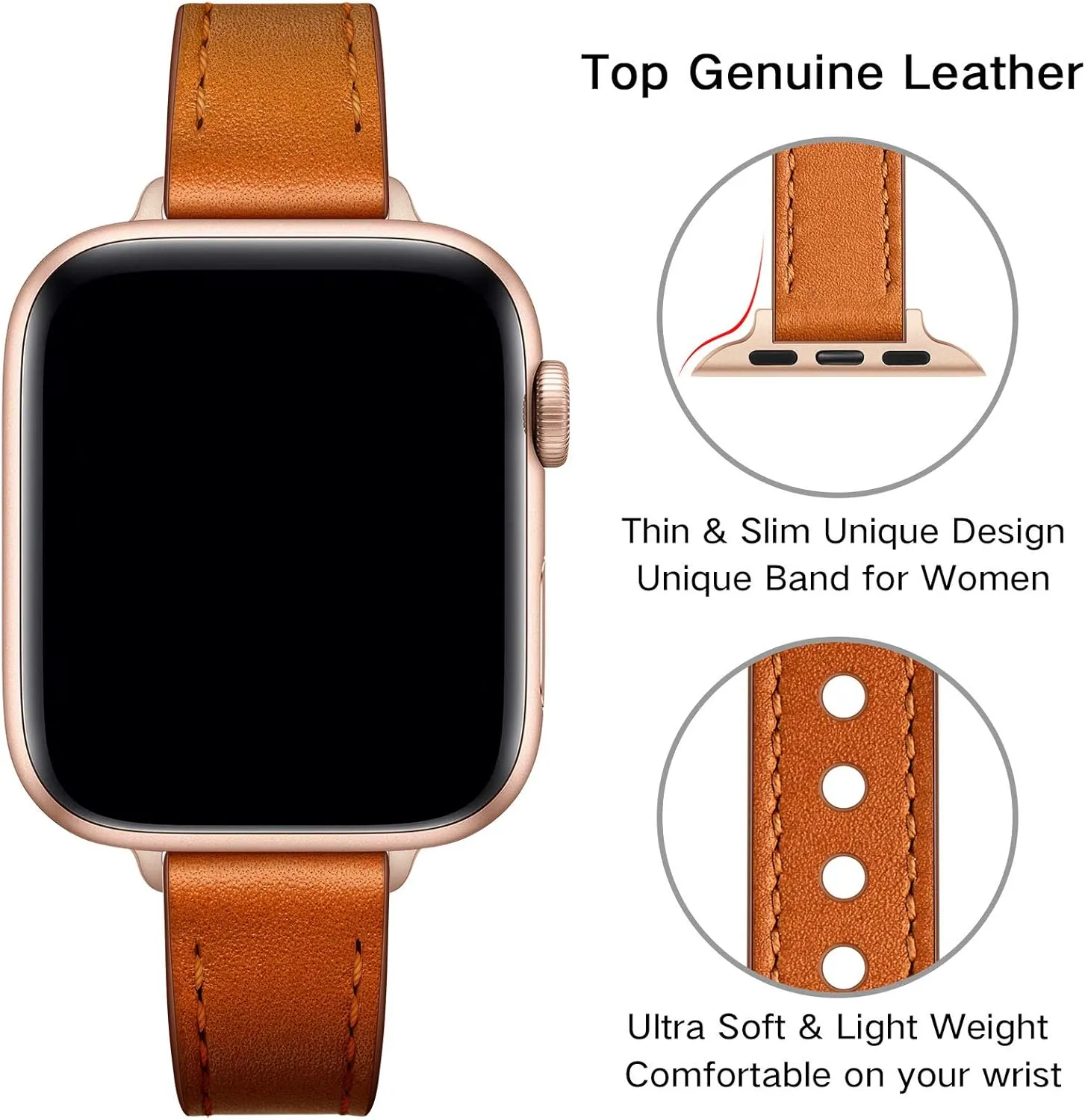 OUHENG Slim Bands Compatible with Apple Watch Band 42mm 41mm 40mm 38mm, Women Genuine Leather Replacement Thin Strap for iWatch SE2 SE Series 10 9 8 7 6 5 4 3 2 1 (Brown/Rose Gold)