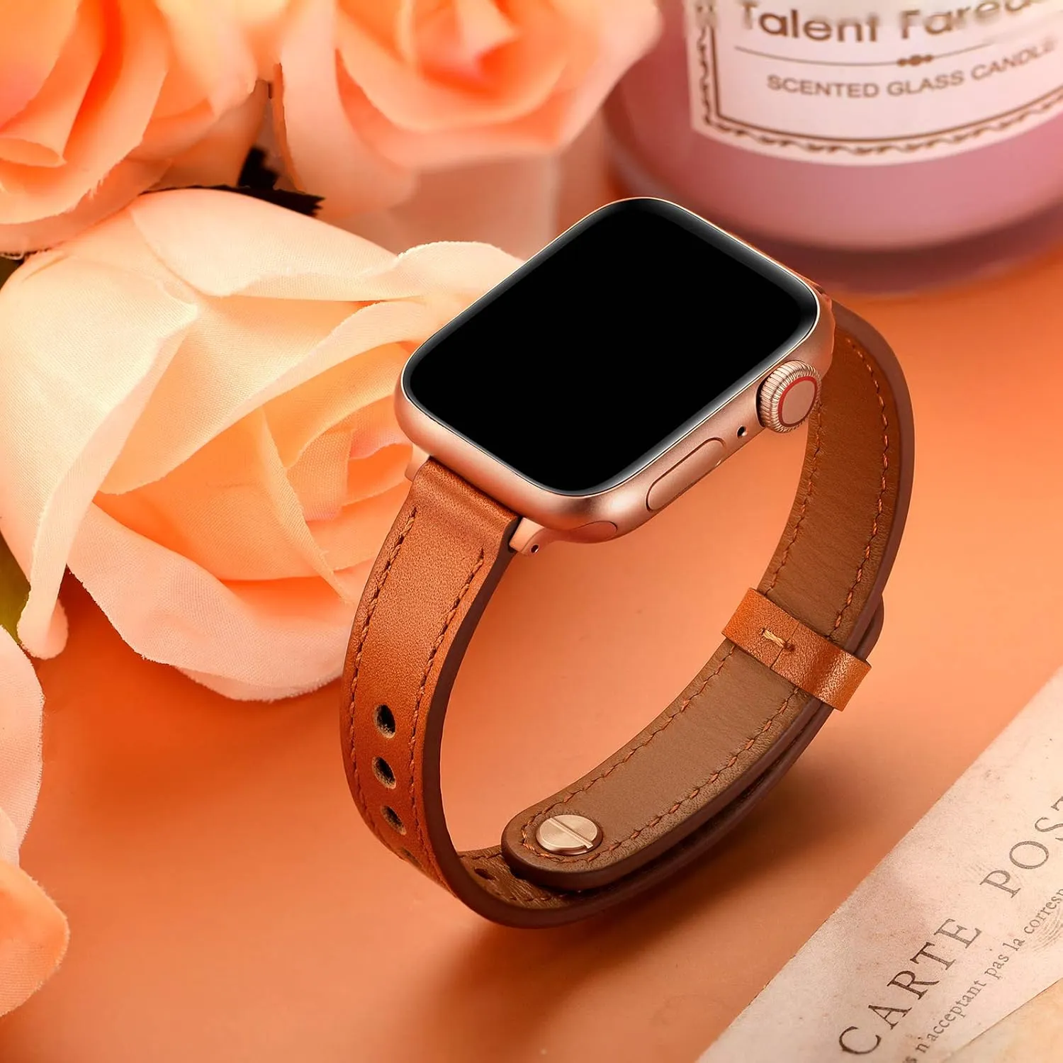 OUHENG Slim Bands Compatible with Apple Watch Band 42mm 41mm 40mm 38mm, Women Genuine Leather Replacement Thin Strap for iWatch SE2 SE Series 10 9 8 7 6 5 4 3 2 1 (Brown/Rose Gold)