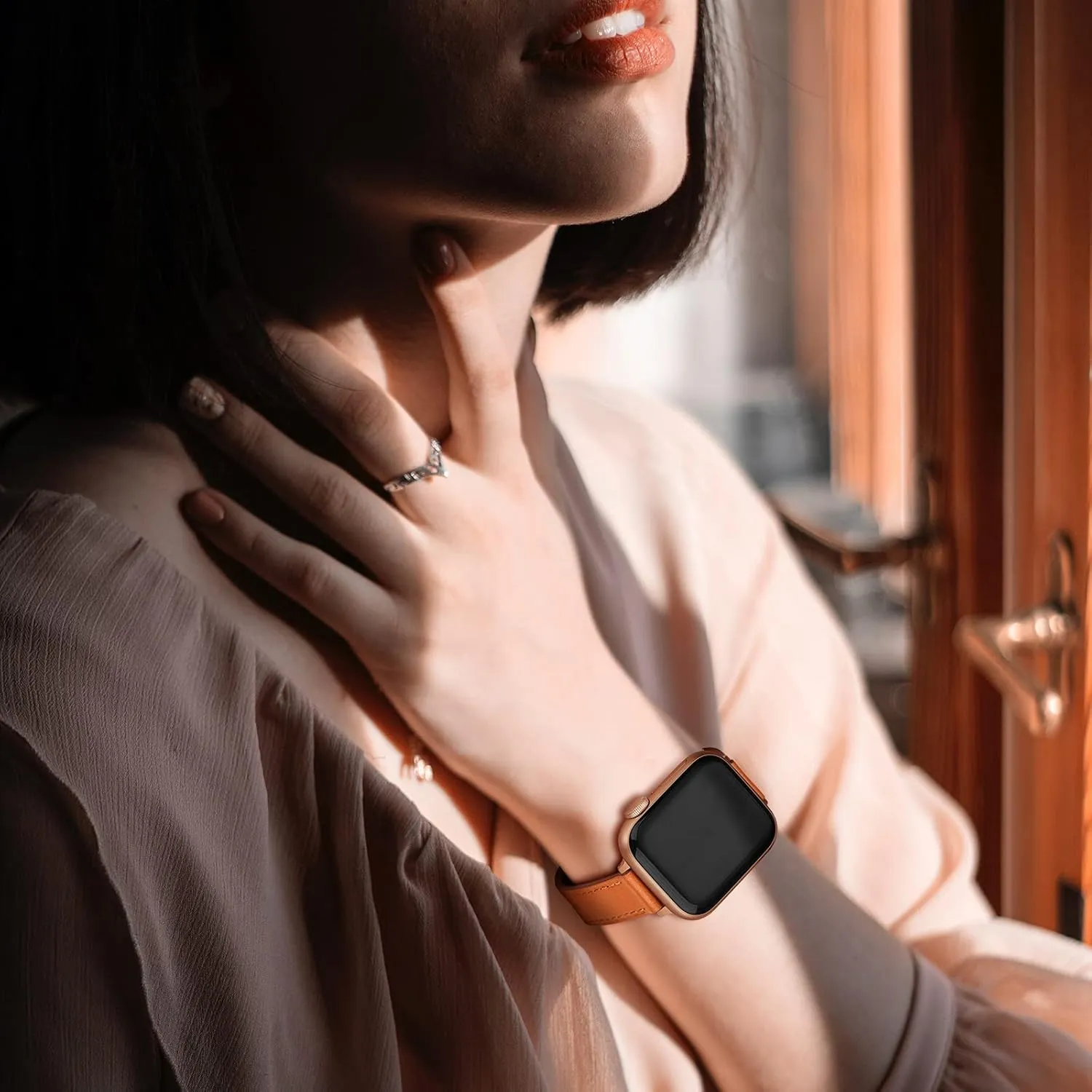 OUHENG Slim Bands Compatible with Apple Watch Band 42mm 41mm 40mm 38mm, Women Genuine Leather Replacement Thin Strap for iWatch SE2 SE Series 10 9 8 7 6 5 4 3 2 1 (Brown/Rose Gold)