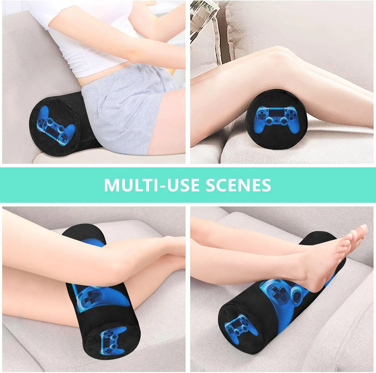Oyihfvs Video Game Joystick Gamepad in Blue Neon Lights Isolated on Black Round Memory Foam Pillow, Travel Pillow with Removable Washable Cover for Head Neck Legs Support 5.5 x 5.5 x 17 inch