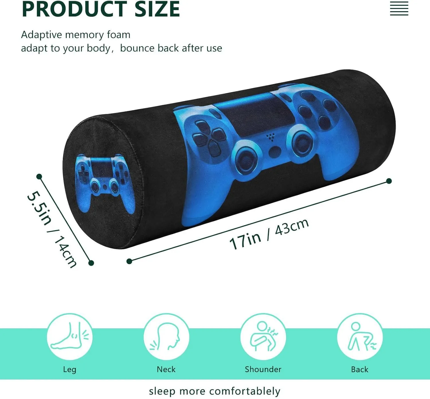 Oyihfvs Video Game Joystick Gamepad in Blue Neon Lights Isolated on Black Round Memory Foam Pillow, Travel Pillow with Removable Washable Cover for Head Neck Legs Support 5.5 x 5.5 x 17 inch