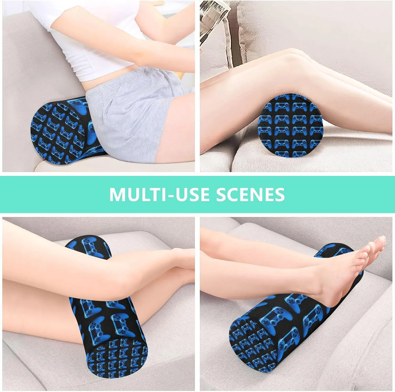 Oyihfvs Video Game Joystick Gamepad in Blue Neon Lights Isolated on Black Round Memory Foam Pillow, Travel Pillow with Removable Washable Cover for Head Neck Legs Support 5.5 x 5.5 x 17 inch