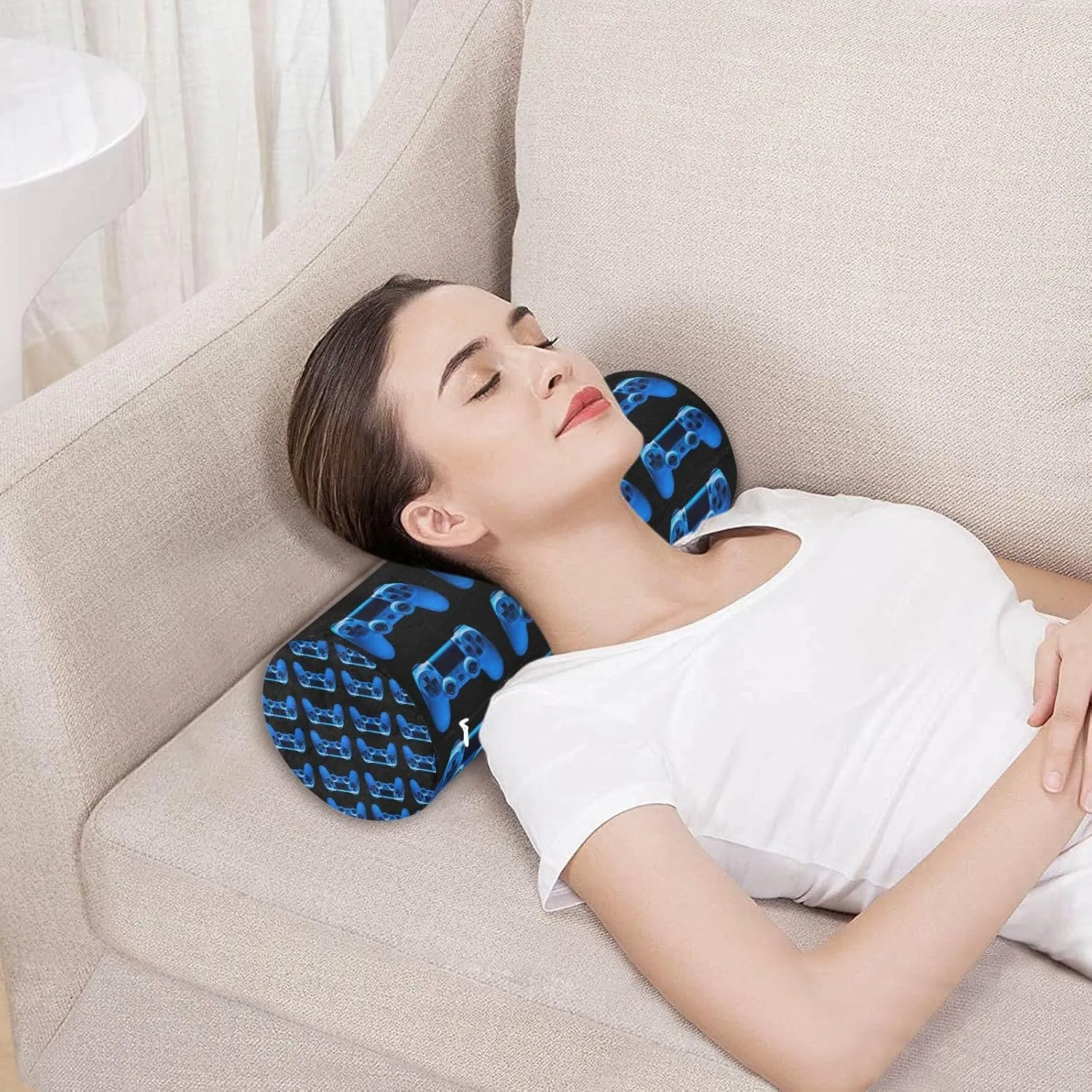 Oyihfvs Video Game Joystick Gamepad in Blue Neon Lights Isolated on Black Round Memory Foam Pillow, Travel Pillow with Removable Washable Cover for Head Neck Legs Support 5.5 x 5.5 x 17 inch