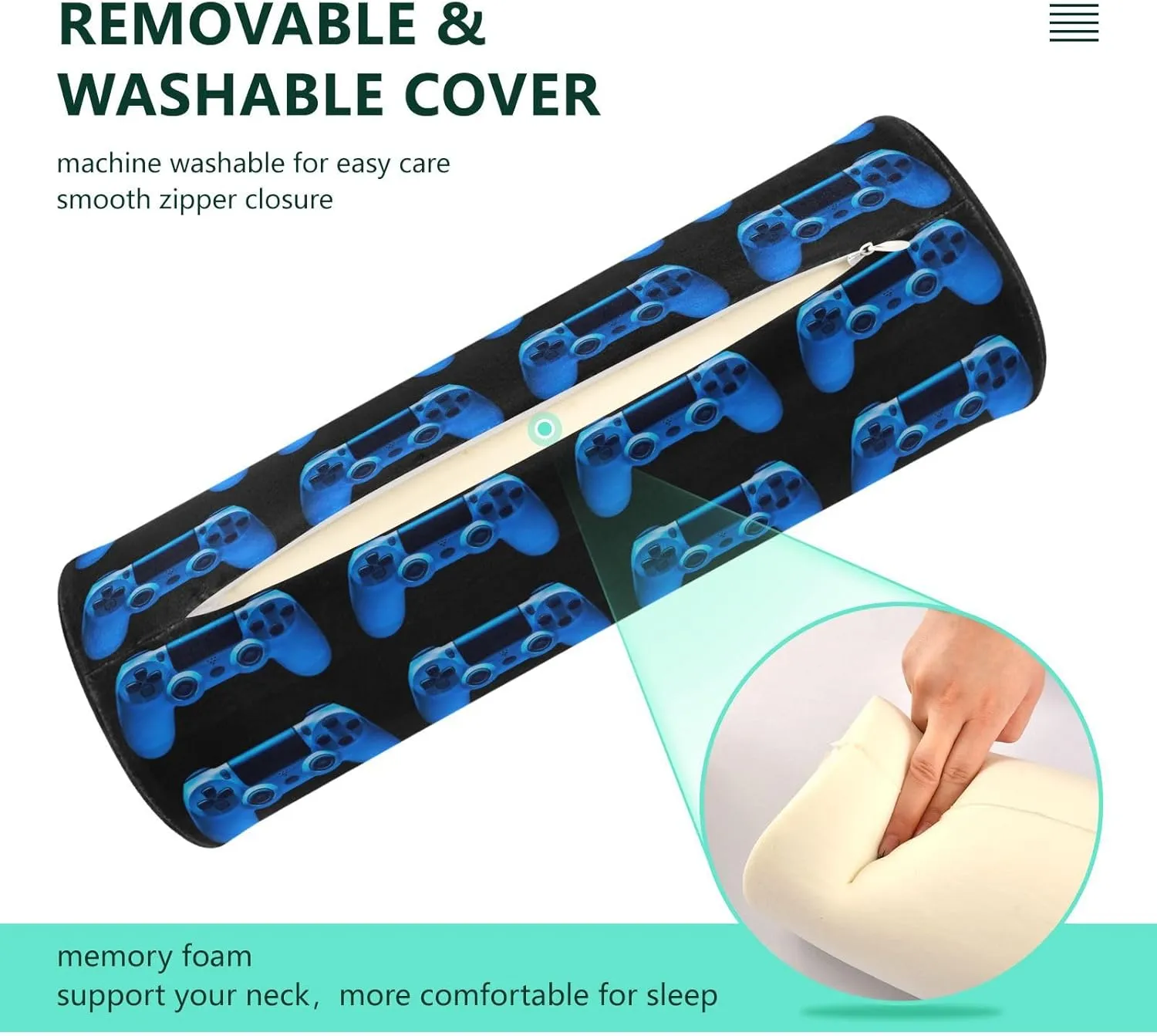 Oyihfvs Video Game Joystick Gamepad in Blue Neon Lights Isolated on Black Round Memory Foam Pillow, Travel Pillow with Removable Washable Cover for Head Neck Legs Support 5.5 x 5.5 x 17 inch