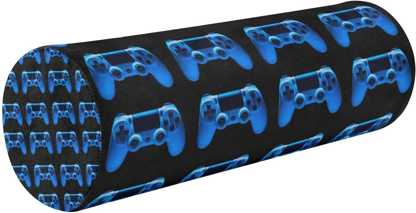 Oyihfvs Video Game Joystick Gamepad in Blue Neon Lights Isolated on Black Round Memory Foam Pillow, Travel Pillow with Removable Washable Cover for Head Neck Legs Support 5.5 x 5.5 x 17 inch