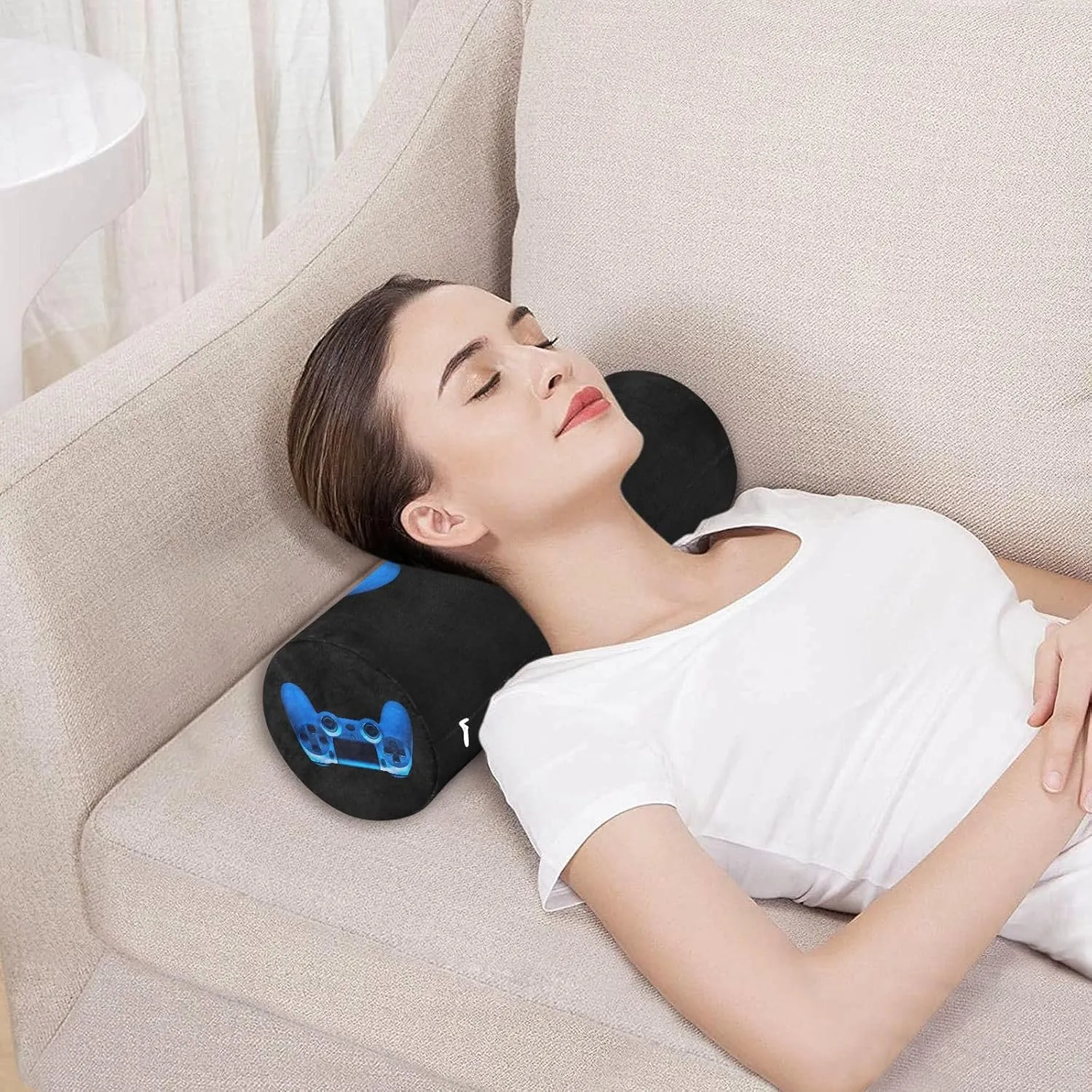 Oyihfvs Video Game Joystick Gamepad in Blue Neon Lights Isolated on Black Round Memory Foam Pillow, Travel Pillow with Removable Washable Cover for Head Neck Legs Support 5.5 x 5.5 x 17 inch