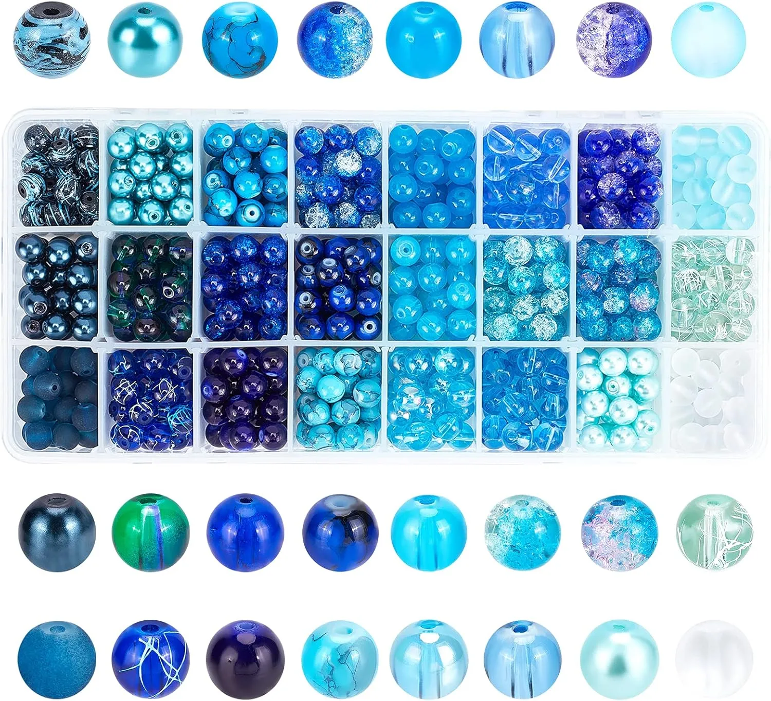 PH PandaHall 720pcs 8mm Blue Beads for Jewelry Making Glass Beads 24 Color Bracelet Bead Round Craft Loose Bead for Bracelets Necklaces Earring Summer Hawaii Boho Heshi Surfer Wave Jewelry Making