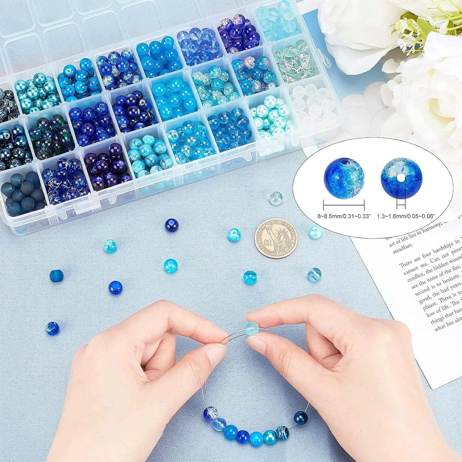 PH PandaHall 720pcs 8mm Blue Beads for Jewelry Making Glass Beads 24 Color Bracelet Bead Round Craft Loose Bead for Bracelets Necklaces Earring Summer Hawaii Boho Heshi Surfer Wave Jewelry Making