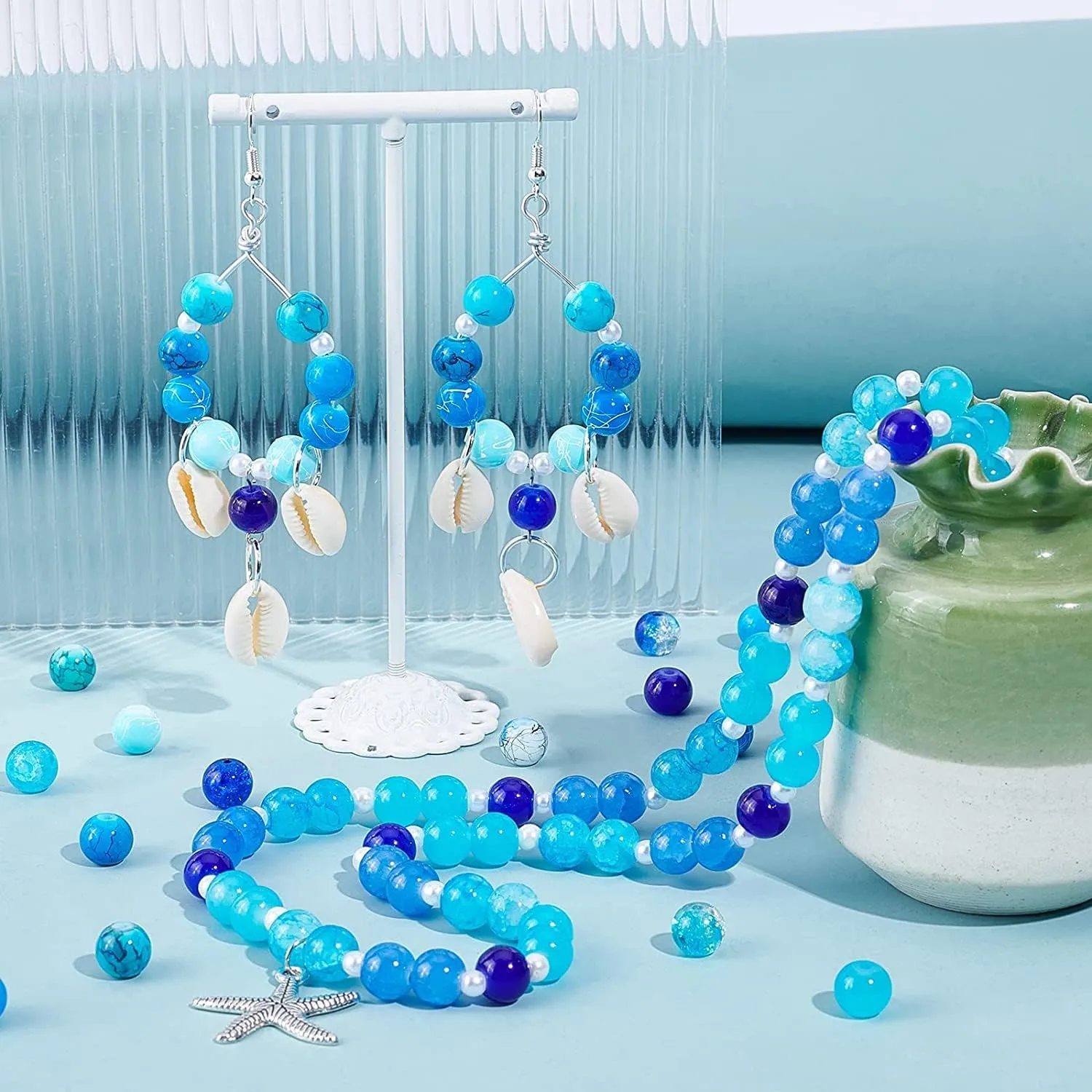 PH PandaHall 720pcs 8mm Blue Beads for Jewelry Making Glass Beads 24 Color Bracelet Bead Round Craft Loose Bead for Bracelets Necklaces Earring Summer Hawaii Boho Heshi Surfer Wave Jewelry Making