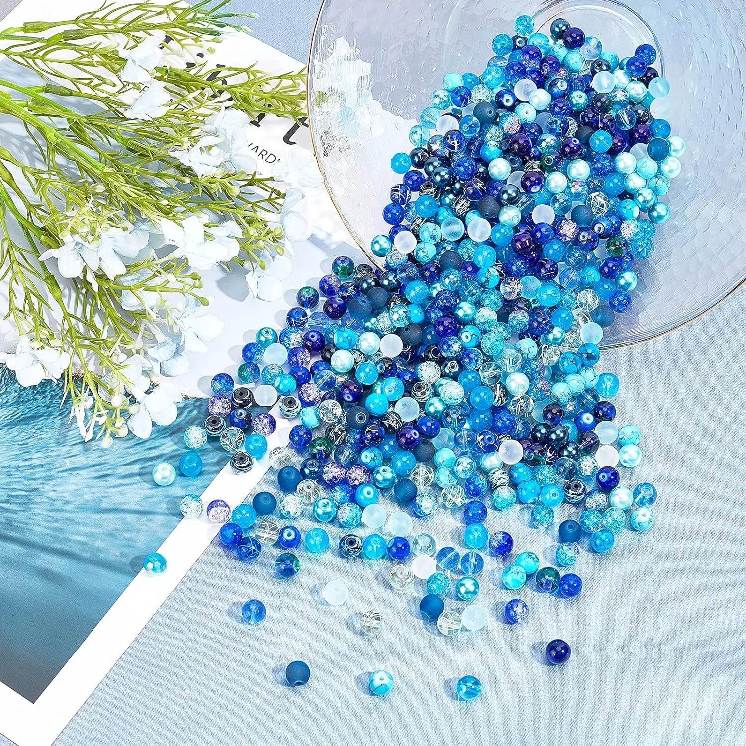 PH PandaHall 720pcs 8mm Blue Beads for Jewelry Making Glass Beads 24 Color Bracelet Bead Round Craft Loose Bead for Bracelets Necklaces Earring Summer Hawaii Boho Heshi Surfer Wave Jewelry Making