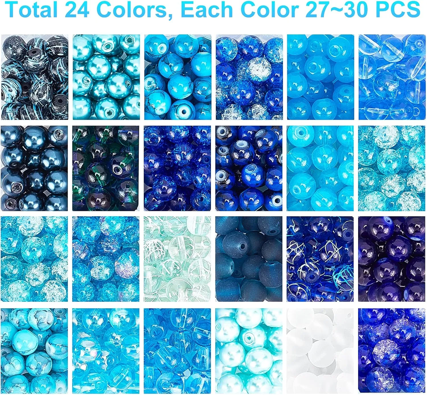 PH PandaHall 720pcs 8mm Blue Beads for Jewelry Making Glass Beads 24 Color Bracelet Bead Round Craft Loose Bead for Bracelets Necklaces Earring Summer Hawaii Boho Heshi Surfer Wave Jewelry Making