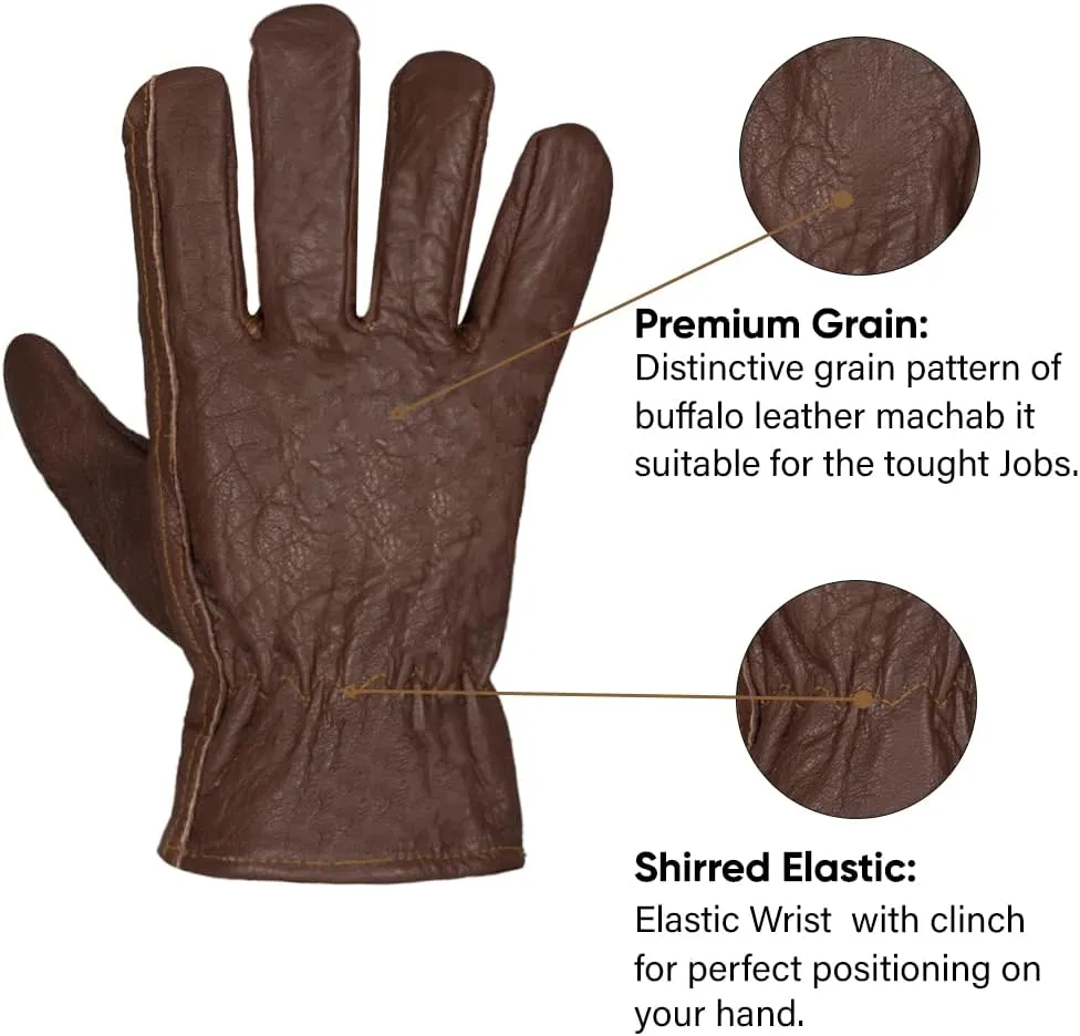 Premium Buffalo Leather Gloves,Unlined Work Gloves (Brown/Cognac)