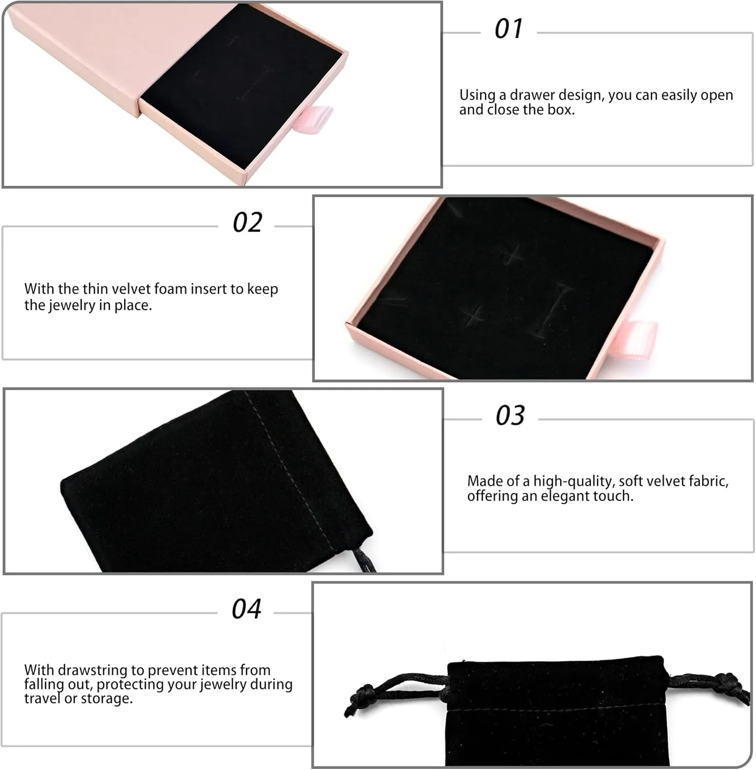 Quacc Small Jewelry Gift Box and Velvet Bag, Necklace Bracelet Earring Cardboard Organizer Square Jewellery Gift Box Pendent Storage Case for Birthday Xmas Christmas Wrapping (Pink)