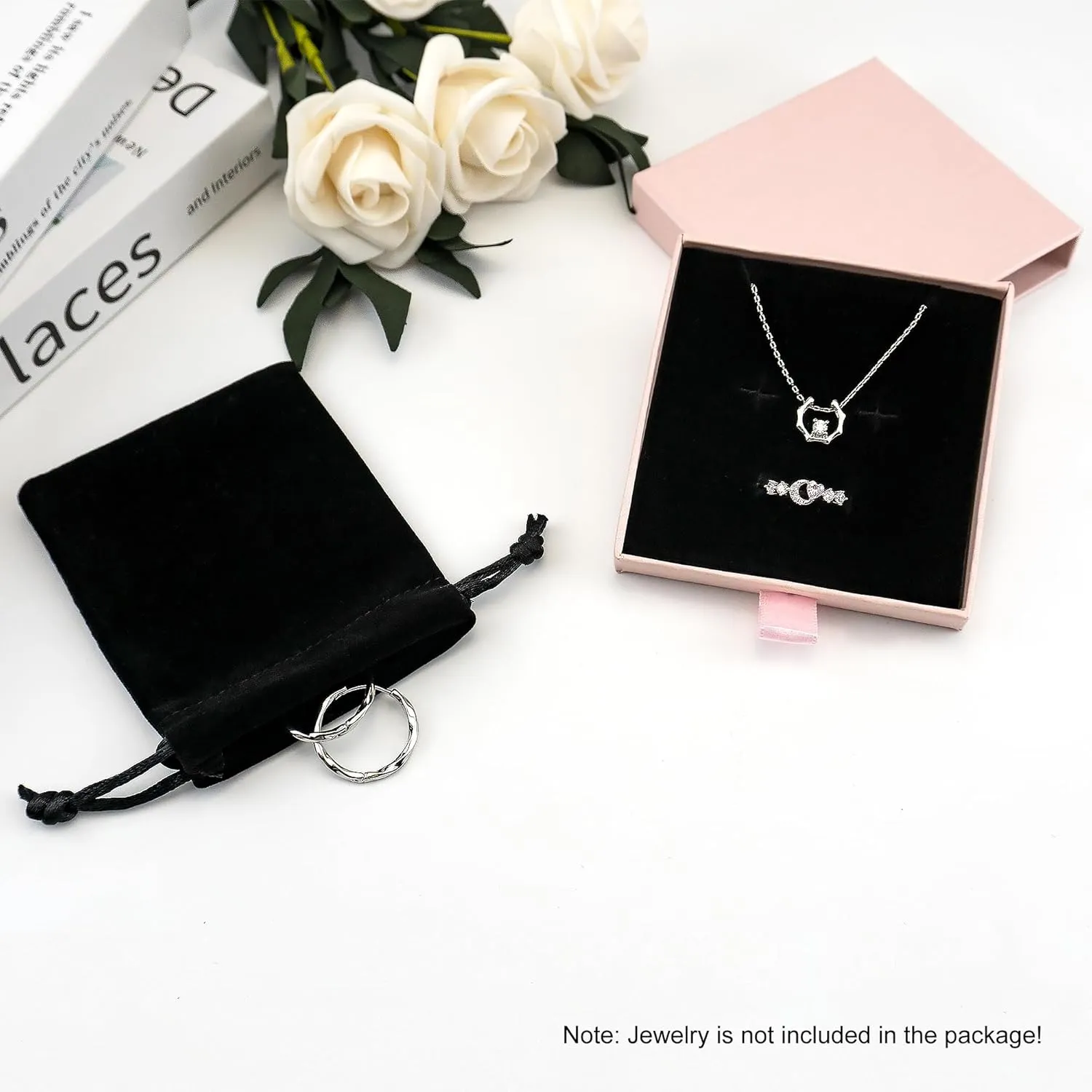 Quacc Small Jewelry Gift Box and Velvet Bag, Necklace Bracelet Earring Cardboard Organizer Square Jewellery Gift Box Pendent Storage Case for Birthday Xmas Christmas Wrapping (Pink)