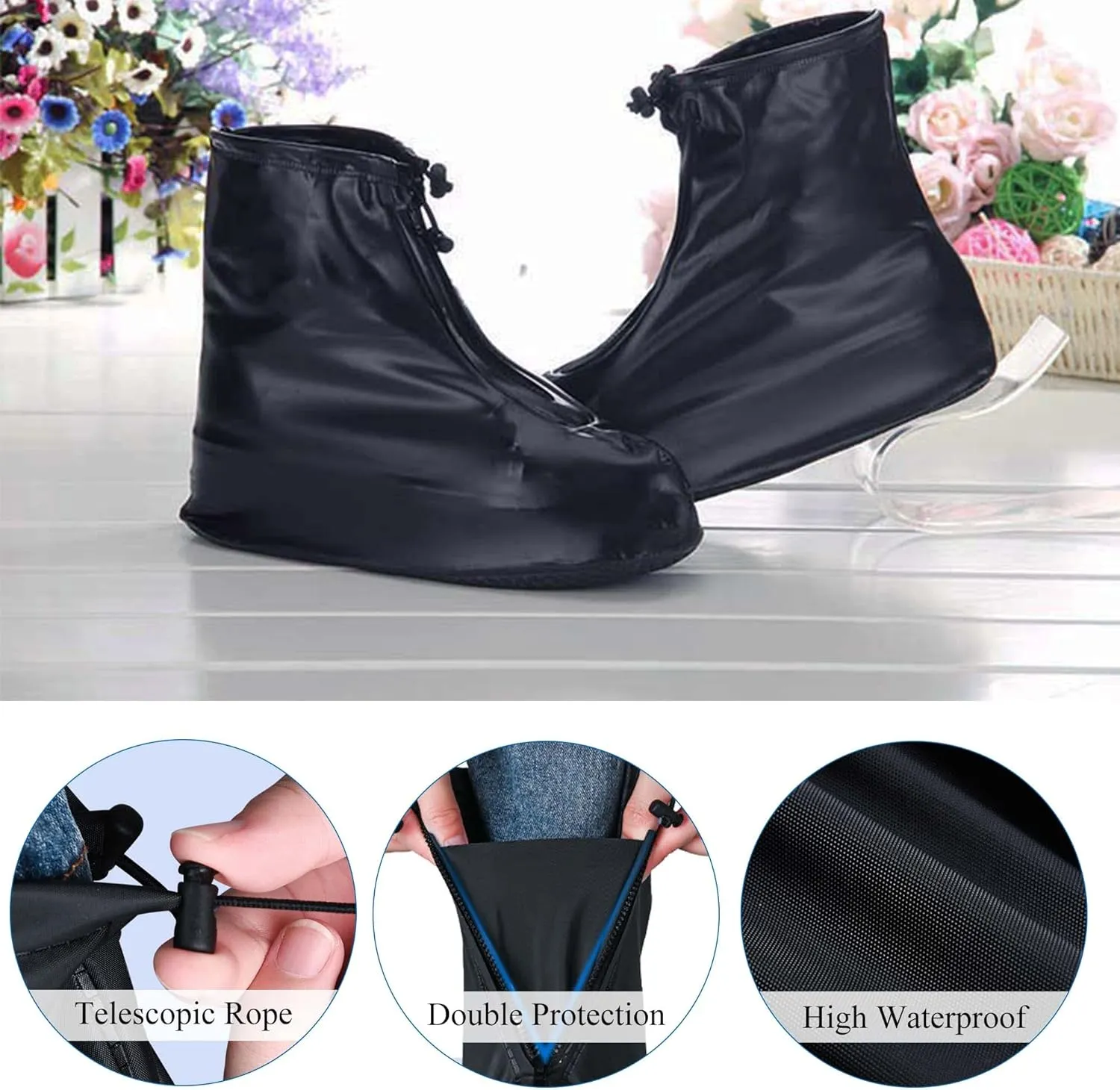 Rain Boot Waterproof Shoes Covers, Sand Control Non-Slip Shoe Cover Galoshes, PVC Rubber Sole Reusable Rain Snow Boots Overshoes for Cycling Outdoor Camping Fishing Garden (XXL, Black)