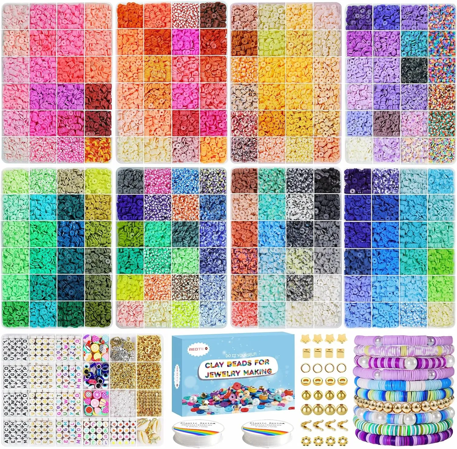 Redtwo 28000 Pcs Clay Beads Bracelet Making Kit 192 Colors 9 Boxes Flat Polymer Heishi Beads Set for Friendship Jewelry Making with Pendant Charms Crafts Gifts for Girls Ages 6-12 Kids Adults