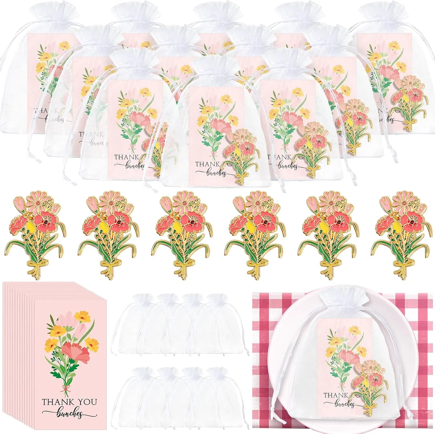 Remuuly 50 Sets Thank You Gift Flower Brooch Pins Employee Appreciation Gift Bulk Pink Flower Bunches Lapel Pins Brooches with Organza Thank You Card Bags for Educator Tutor Professor Wedding