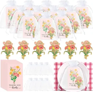 Remuuly 50 Sets Thank You Gift Flower Brooch Pins Employee Appreciation Gift Bulk Pink Flower Bunches Lapel Pins Brooches with Organza Thank You Card Bags for Educator Tutor Professor Wedding