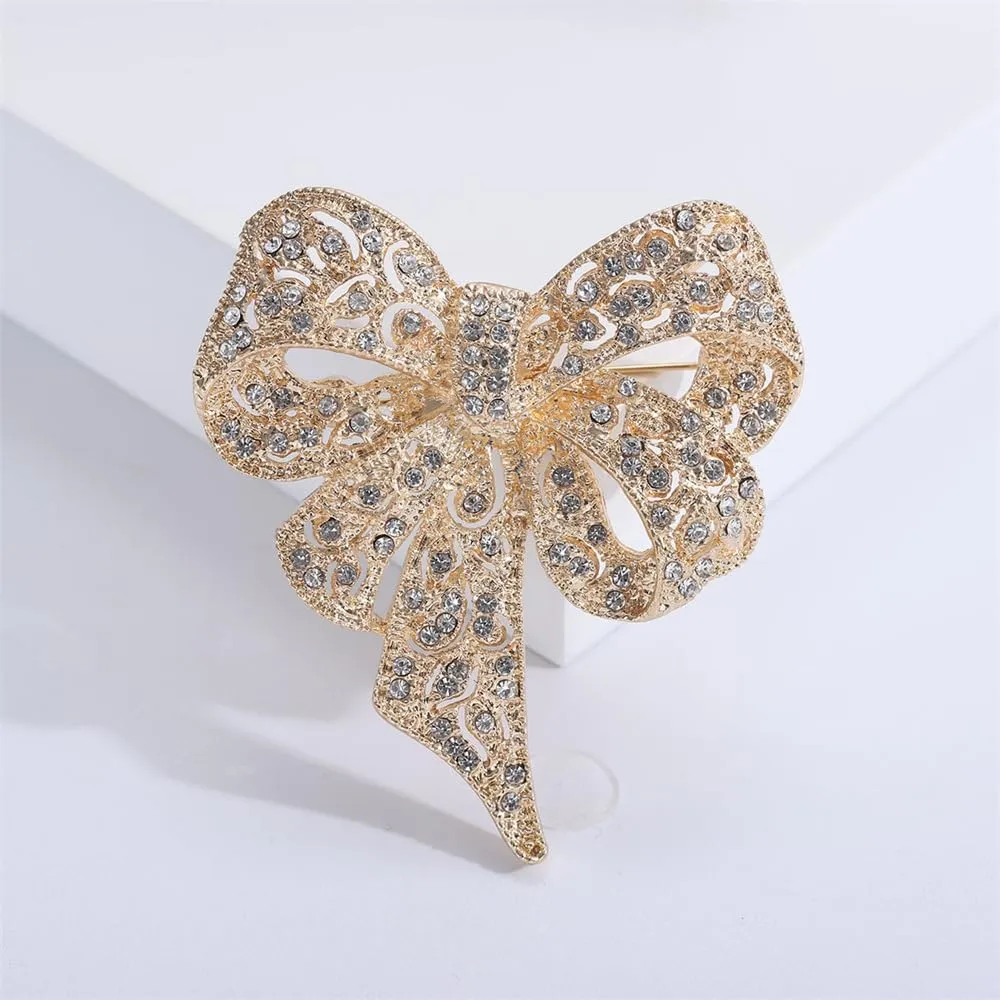 Rhinestone Crystal Bow Brooch Pin for Women Dainty Elegant Bow Lapel Pin Party Engagement Wedding Jewelry Gift