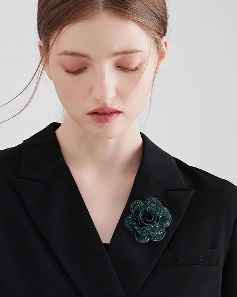 Rhinestone Rose Flower Brooch Lapel Pins for Women Her Fashion Crystal Camellia Flower Brooches Pin for Dress Accessories Jewelry Boutonniere Corsage Wedding Party Birthday Gift 70mm