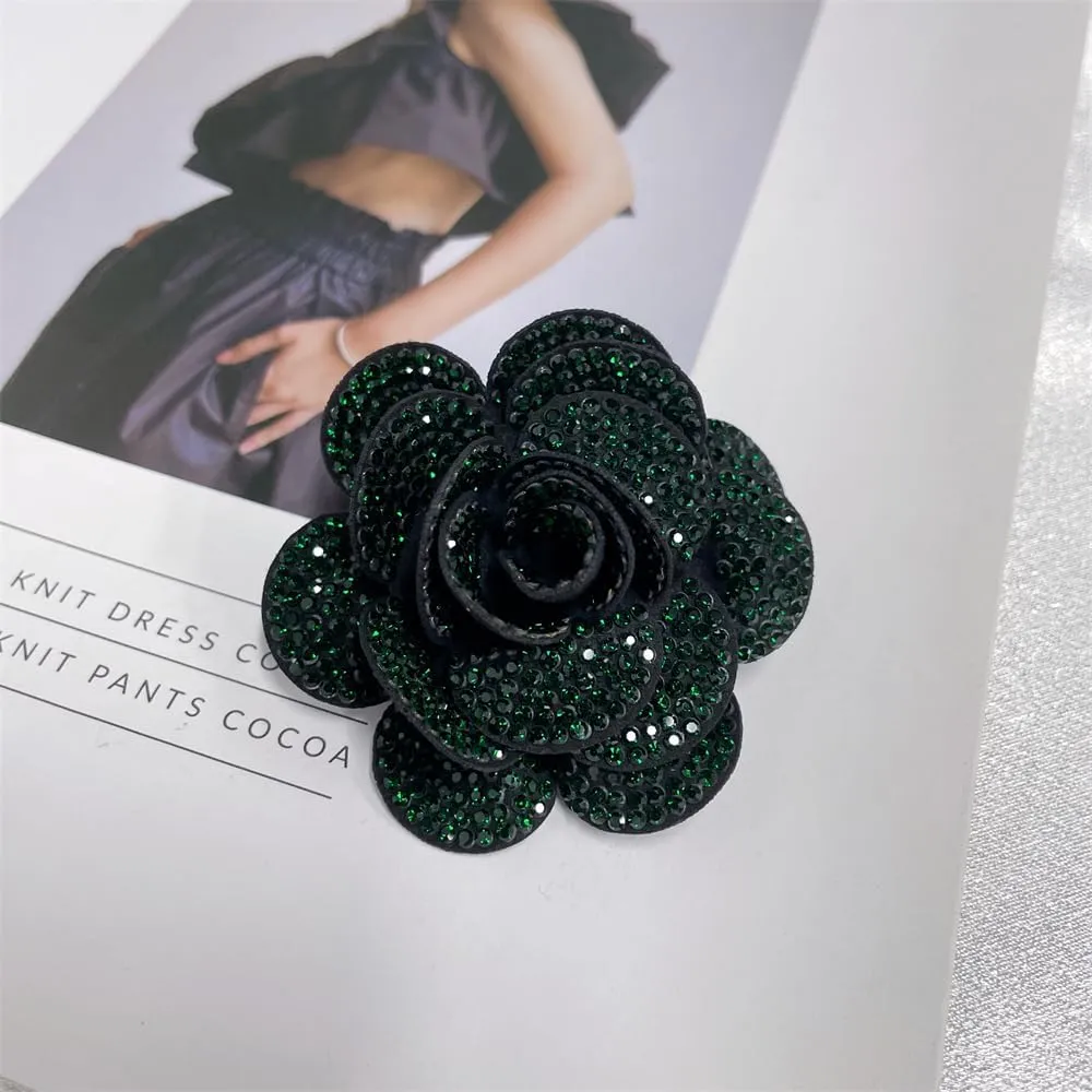 Rhinestone Rose Flower Brooch Lapel Pins for Women Her Fashion Crystal Camellia Flower Brooches Pin for Dress Accessories Jewelry Boutonniere Corsage Wedding Party Birthday Gift 70mm