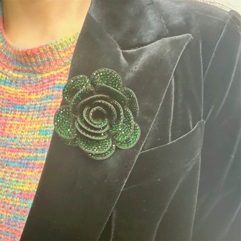 Rhinestone Rose Flower Brooch Lapel Pins for Women Her Fashion Crystal Camellia Flower Brooches Pin for Dress Accessories Jewelry Boutonniere Corsage Wedding Party Birthday Gift 70mm