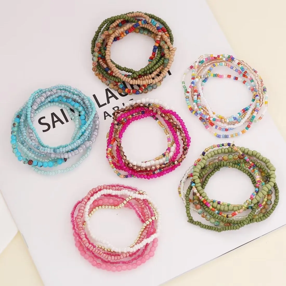 Rice Beads Crystal Fringe Bracelet for Women Handmade Boho Colorful Stackable Bead Bracelets Set Multicolor Seed Layered Stretch Bracelets Party Jewelry