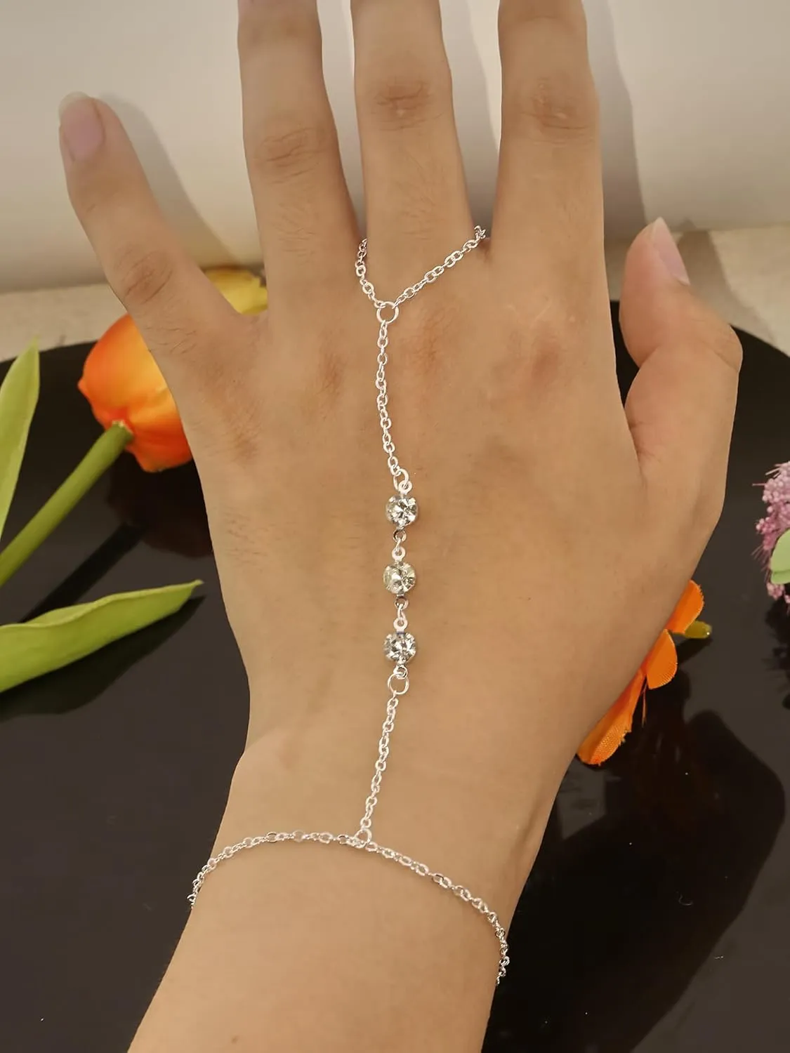 Ring Bracelet Hand Chain Dainty Gold Finger Ring Slave Bracelet Zircon Hand Jewelry for Women Fashion Boho Beach Jewelry Minimalist