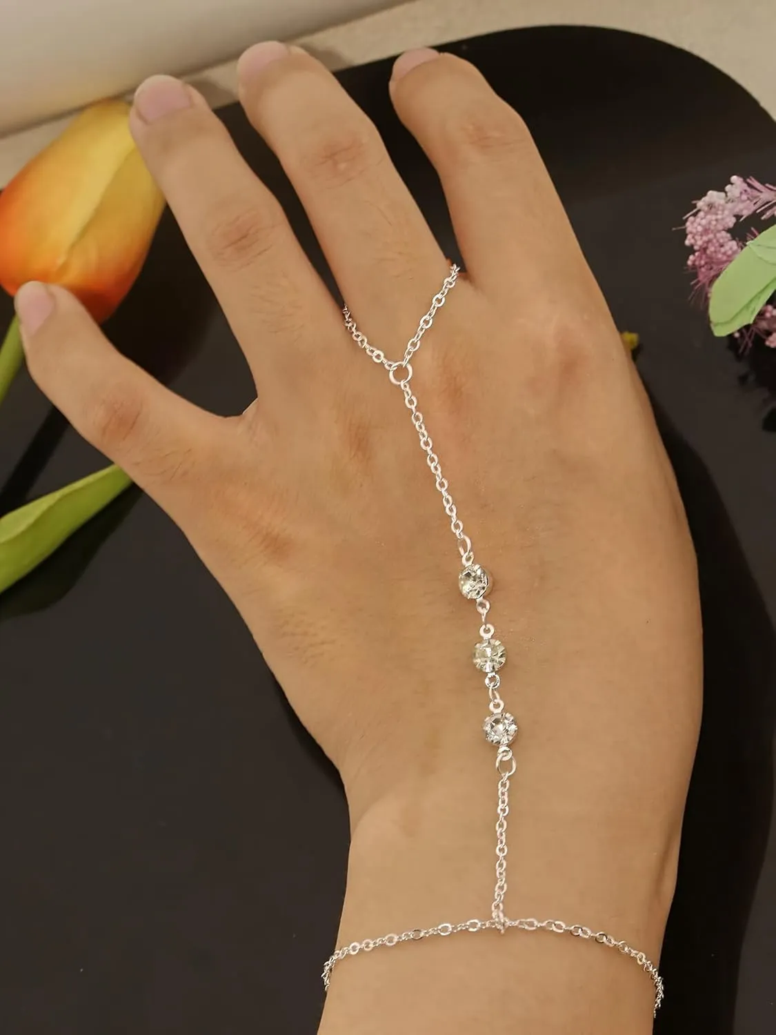 Ring Bracelet Hand Chain Dainty Gold Finger Ring Slave Bracelet Zircon Hand Jewelry for Women Fashion Boho Beach Jewelry Minimalist