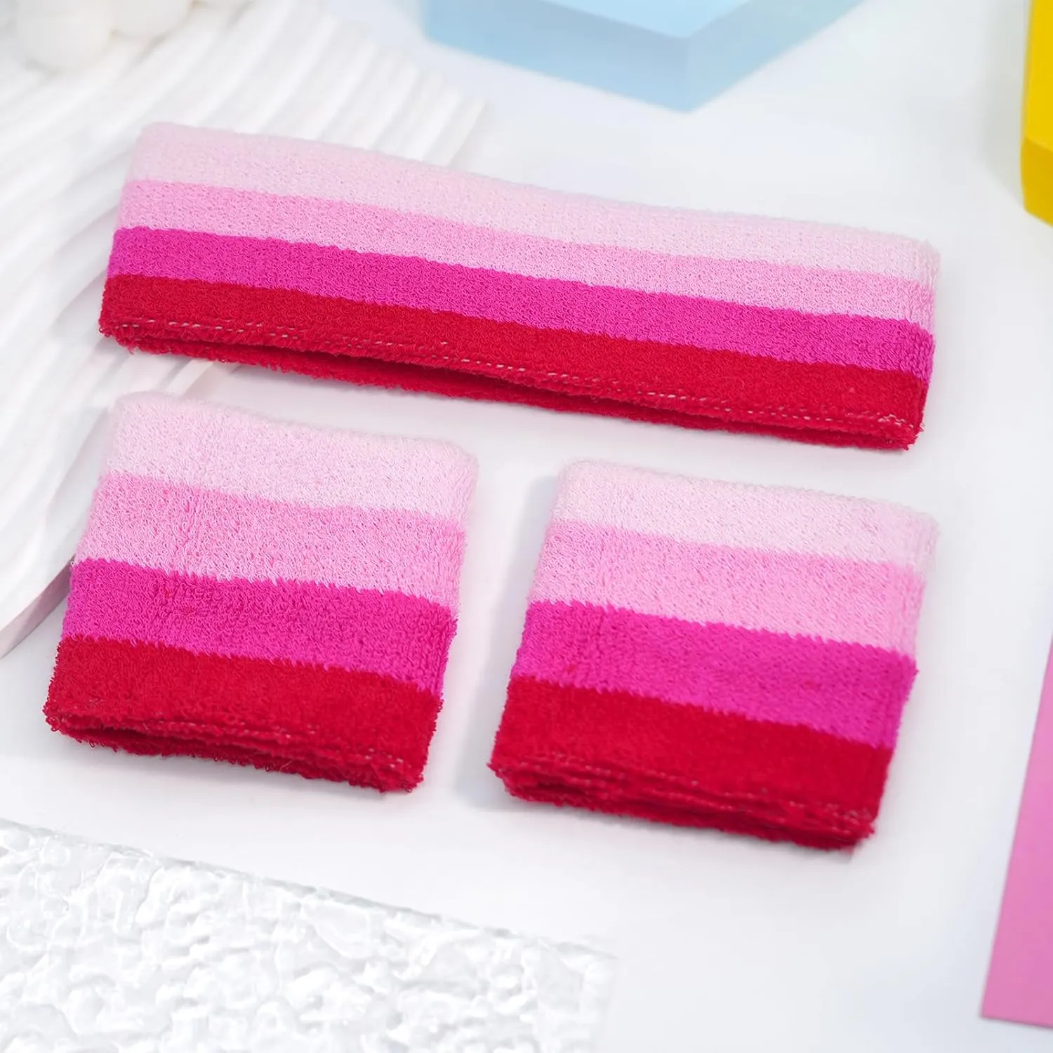 Ronglry 3pcs Sweatbands Set Sports Wristband and Headband Colorful Sweatbands for Women Men Striped Sweat Band LGBTQ Pride Rainbow Headband Wristband Set Includes 1 Sports Headband and 2 Wristband