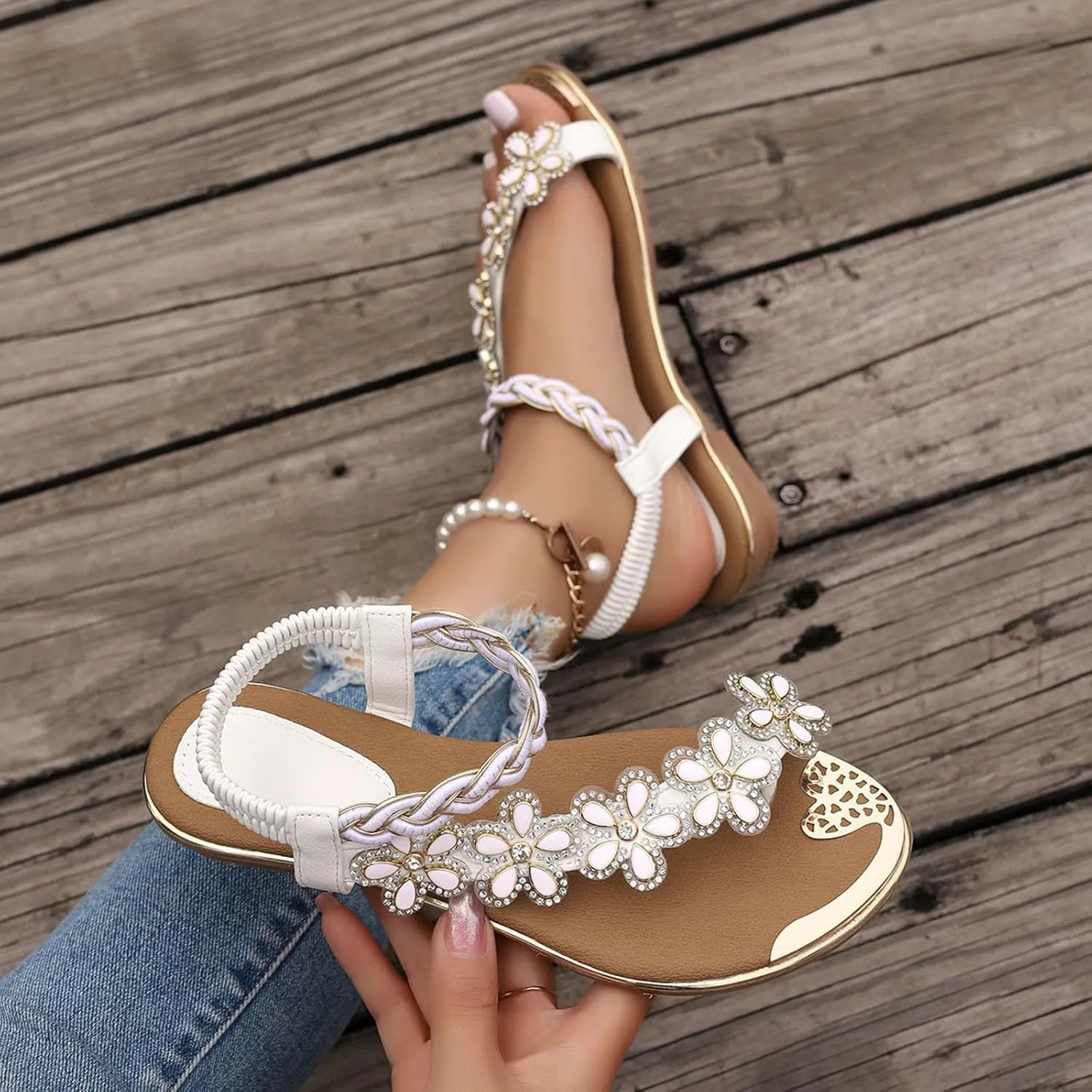 Sandals for Women Summer Beach Sandals Elastic Ankle Strap Sandals Dressy Bohemian Flats Flip Flops Walking Shoes