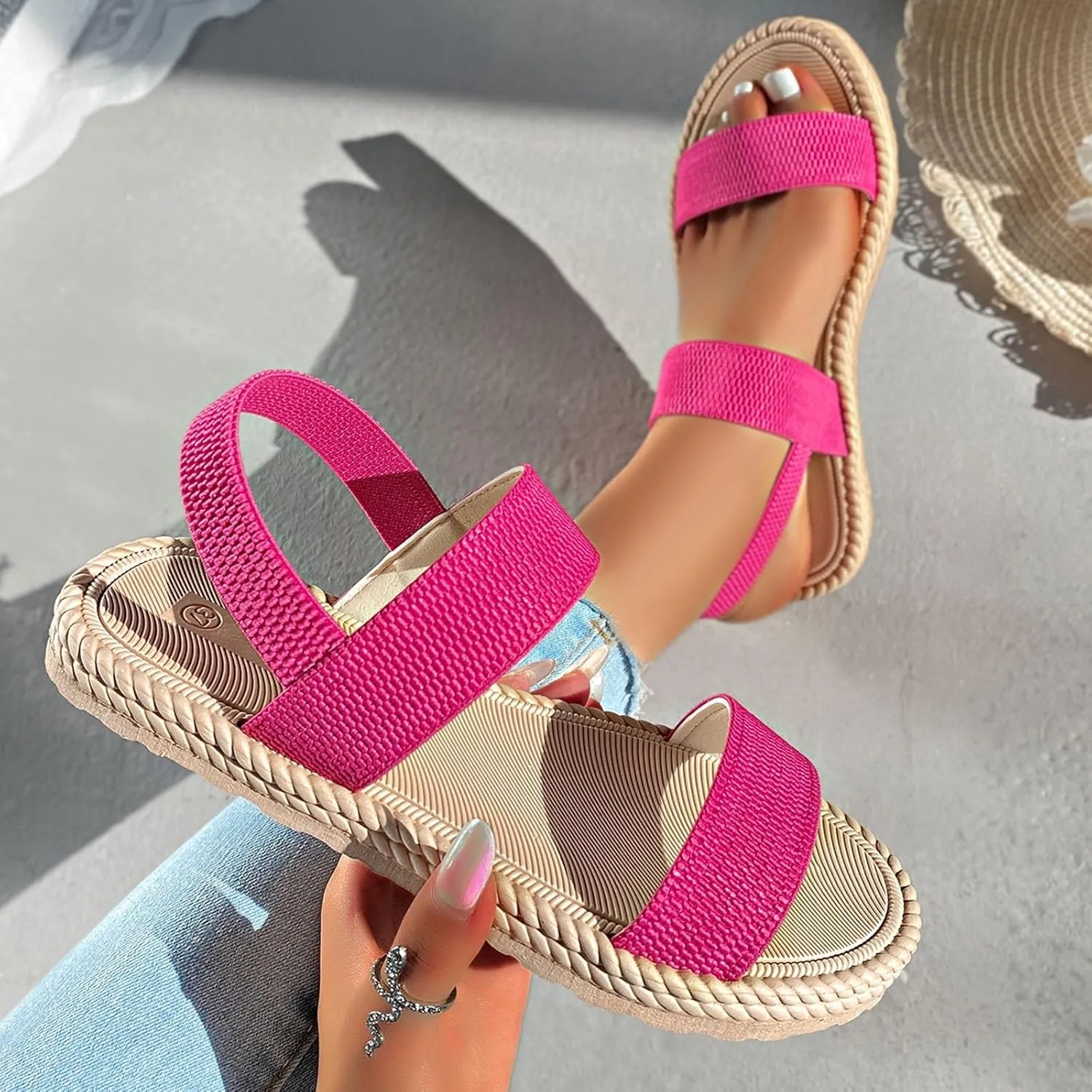 Sandals Women Cross Strap Flat Sandals Open Toe Orthotic Sandal Elastic Ankle Strap Shoes Comfy Low Wedge Sandal