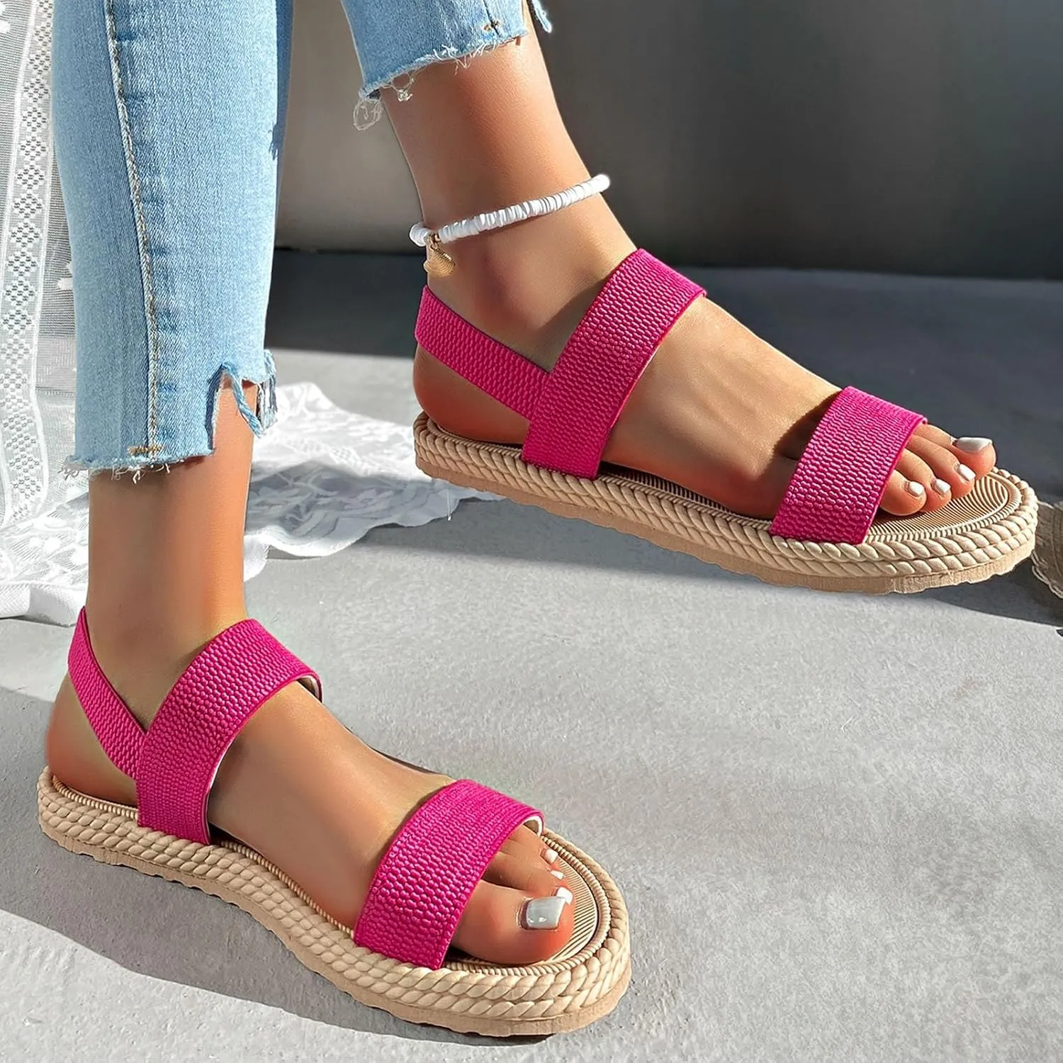 Sandals Women Cross Strap Flat Sandals Open Toe Orthotic Sandal Elastic Ankle Strap Shoes Comfy Low Wedge Sandal