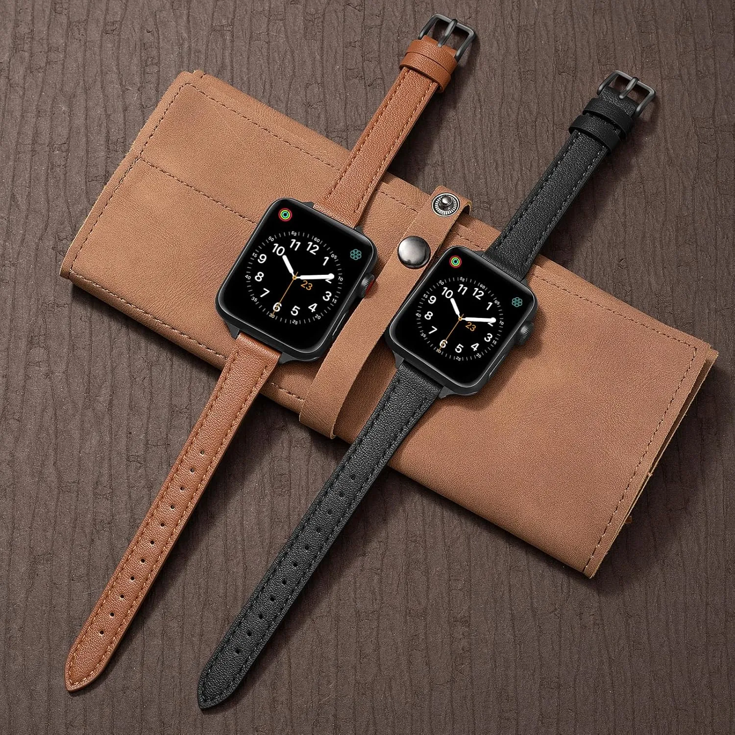 SEURE 2-pack Leather Bands Compatible with Apple Watch Band for women 38mm 40mm 41mm 42mm 44mm 45mm 46mm 49mm,Genuine Leather Band Slim Thin Strap for iWatch Ultra SE Series 10/9/8/7/6/5/4/3/2/1