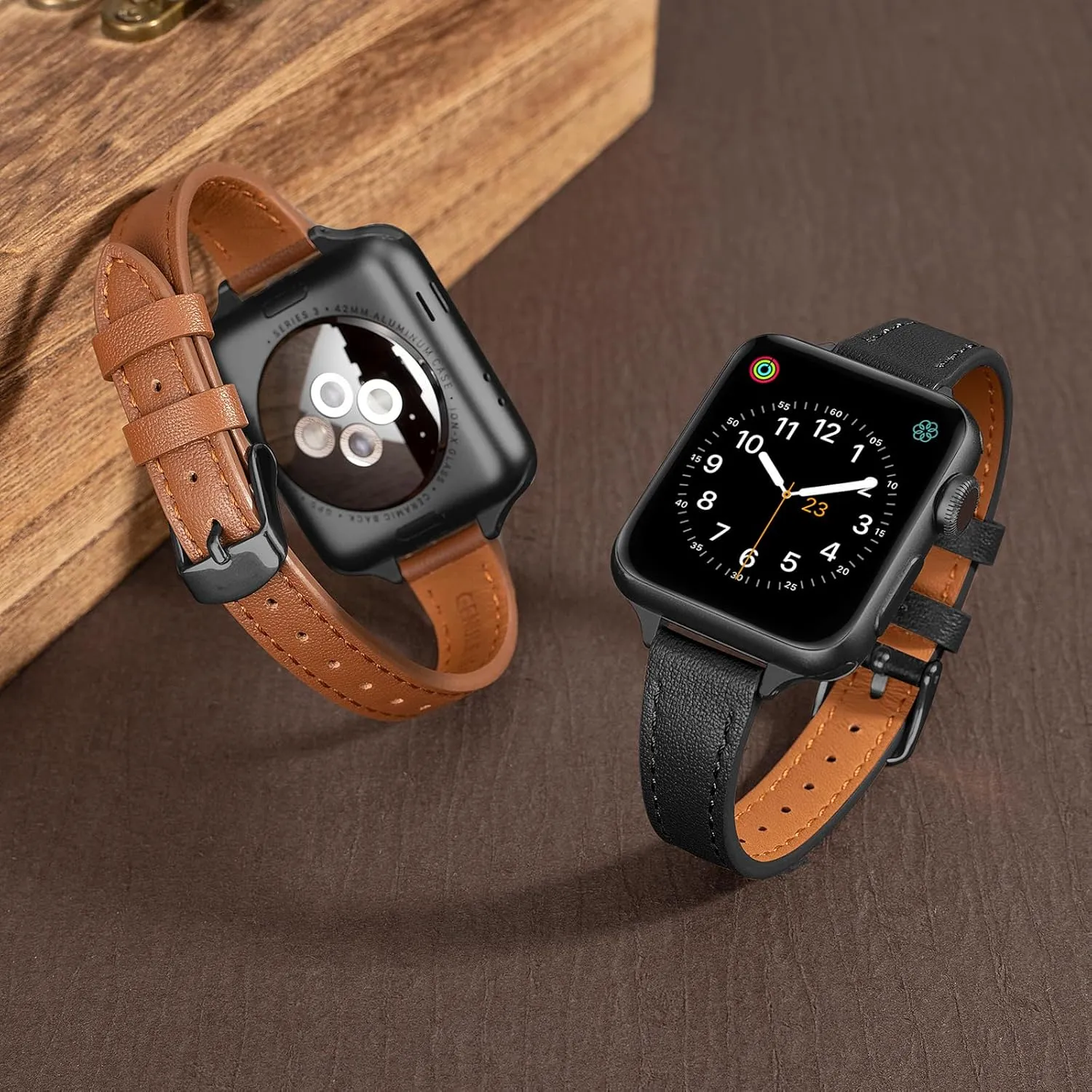 SEURE 2-pack Leather Bands Compatible with Apple Watch Band for women 38mm 40mm 41mm 42mm 44mm 45mm 46mm 49mm,Genuine Leather Band Slim Thin Strap for iWatch Ultra SE Series 10/9/8/7/6/5/4/3/2/1