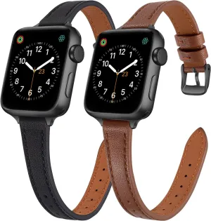 SEURE 2-pack Leather Bands Compatible with Apple Watch Band for women 38mm 40mm 41mm 42mm 44mm 45mm 46mm 49mm,Genuine Leather Band Slim Thin Strap for iWatch Ultra SE Series 10/9/8/7/6/5/4/3/2/1