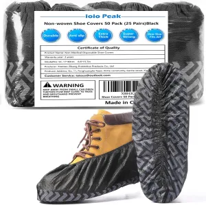 Shoe Covers Disposable 50 Pack (25 Pairs) - Durable, Non-Slip, Water Resistant, and Recyclable Boot Covers for Indoor and Outdoor Use - One Size Fits Most (Non-woven-Black)
