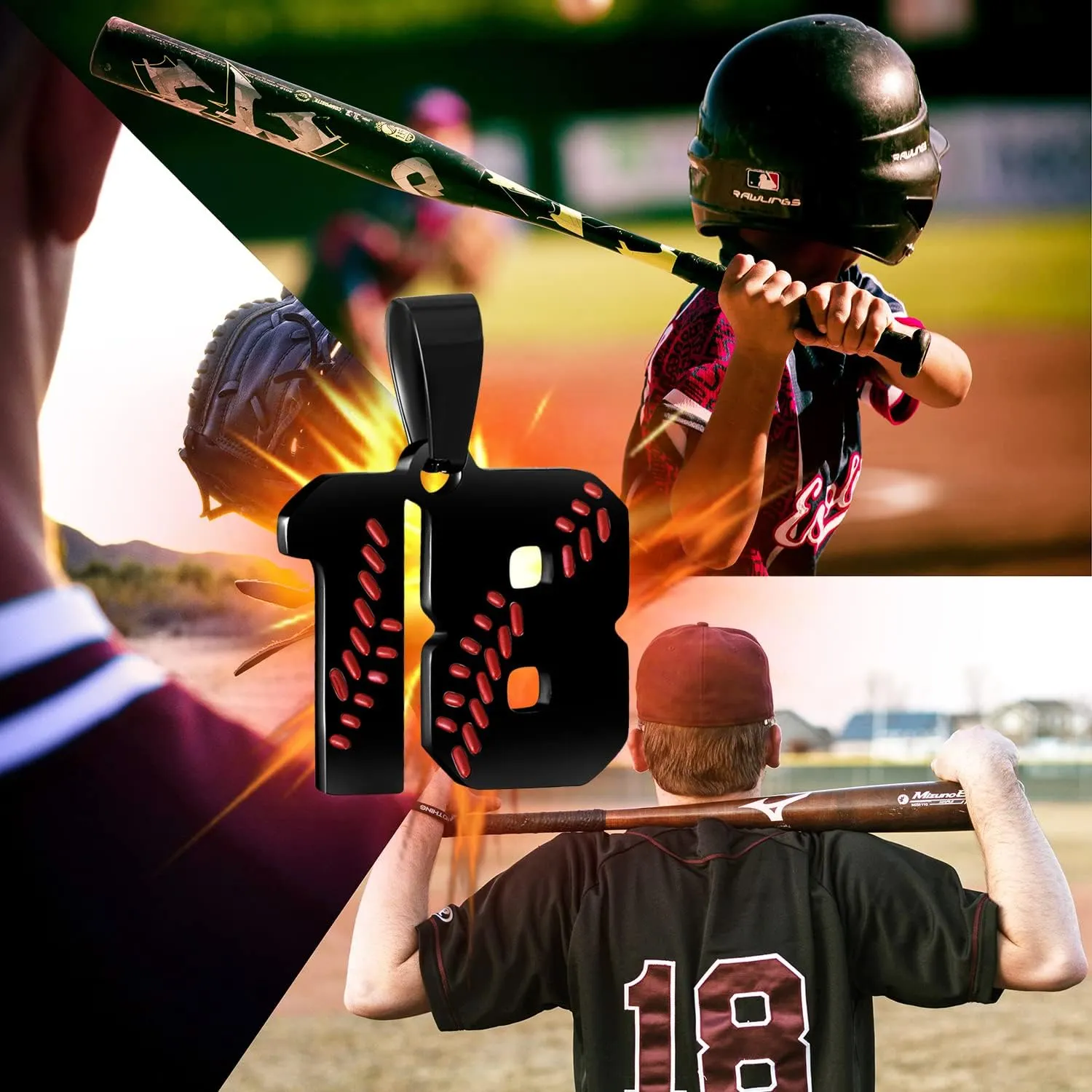 SKQIR Baseball Jersey Number Pendant for Men & Boys - Stainless Steel Chain for Athletes - Black