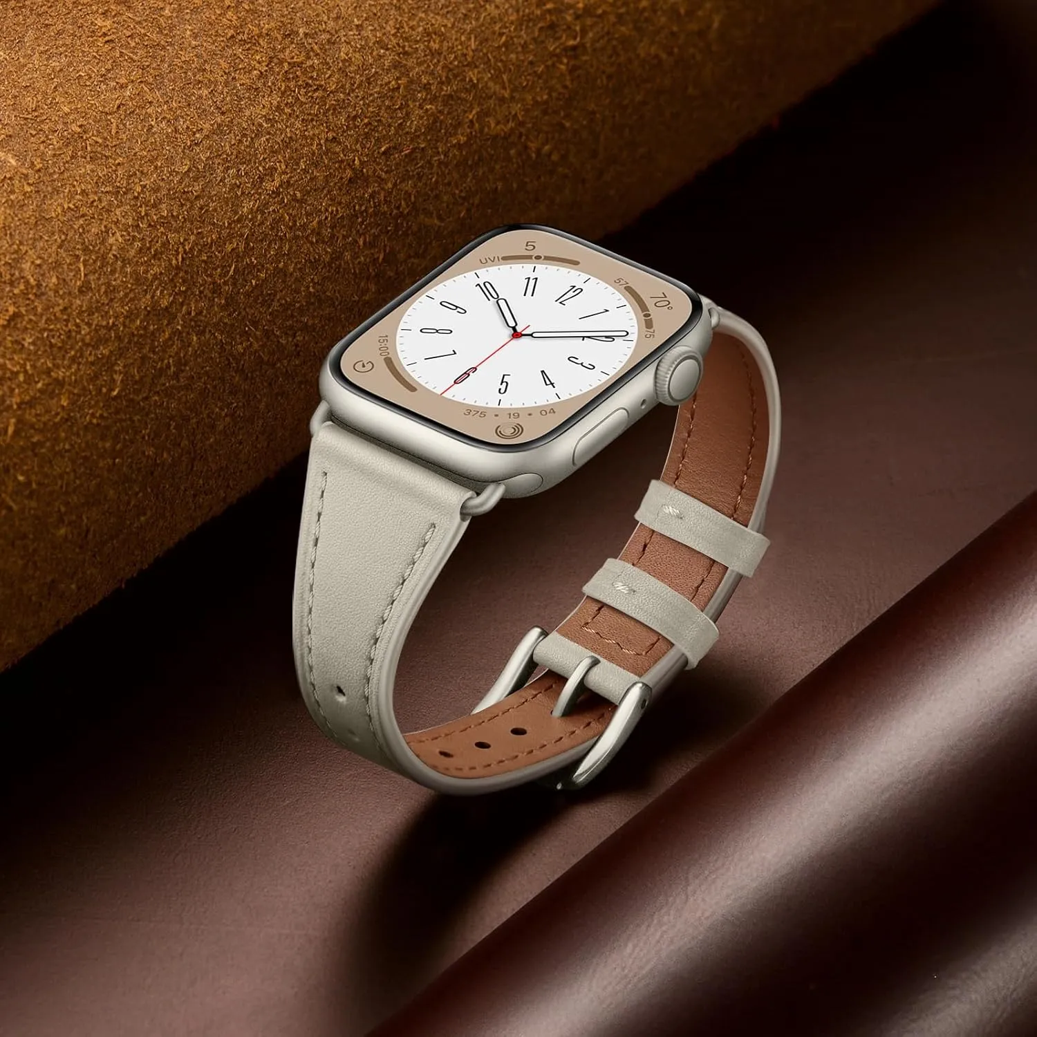 Slim Leather Bands Compatible with Apple Watch Band 42mm 41mm 40mm 38mm, Genuine Leather Replacement Strap for iWatch Series 10/9/8/7/6/5/4/3/2/1/SE Women, Starlight/Starlight