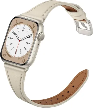 Slim Leather Bands Compatible with Apple Watch Band 42mm 41mm 40mm 38mm, Genuine Leather Replacement Strap for iWatch Series 10/9/8/7/6/5/4/3/2/1/SE Women, Starlight/Starlight