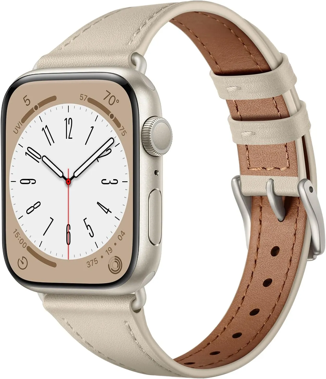 Slim Leather Bands Compatible with Apple Watch Band 42mm 41mm 40mm 38mm, Genuine Leather Replacement Strap for iWatch Series 10/9/8/7/6/5/4/3/2/1/SE Women, Starlight/Starlight