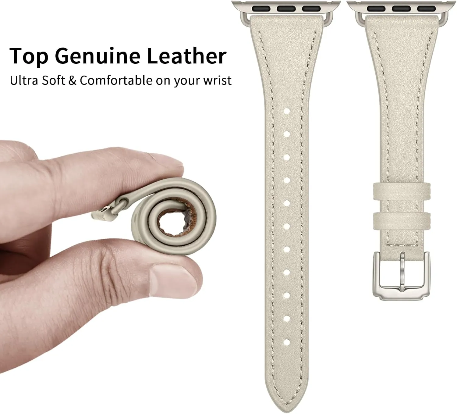 Slim Leather Bands Compatible with Apple Watch Band 42mm 41mm 40mm 38mm, Genuine Leather Replacement Strap for iWatch Series 10/9/8/7/6/5/4/3/2/1/SE Women, Starlight/Starlight