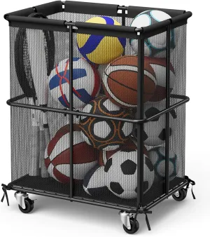 smusei Ball Storage Bin Rolling Sports Ball Storage Cart Garage Sports Equipment Organizer Rack with Wheels Outdoor Basket Ball Cage for Garage, School, Gym, Yoga Room