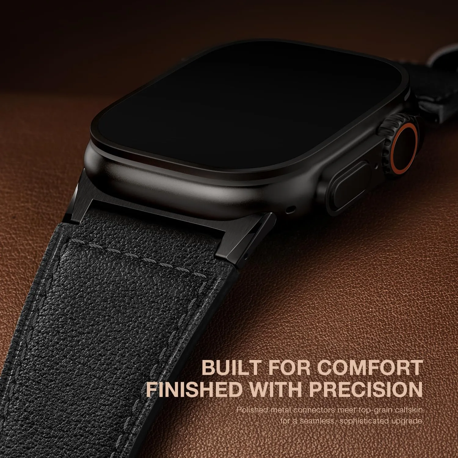Suitisbest Leather Bands Compatible for Apple Watch Ultra Band 49mm 46mm 45mm 44mm 42mm, Genuine Calfskin Leather Durable Matel Connector Replacement Strap Fits Men iWatch Ultra 10 9 8 7 6 5 4 3 SE