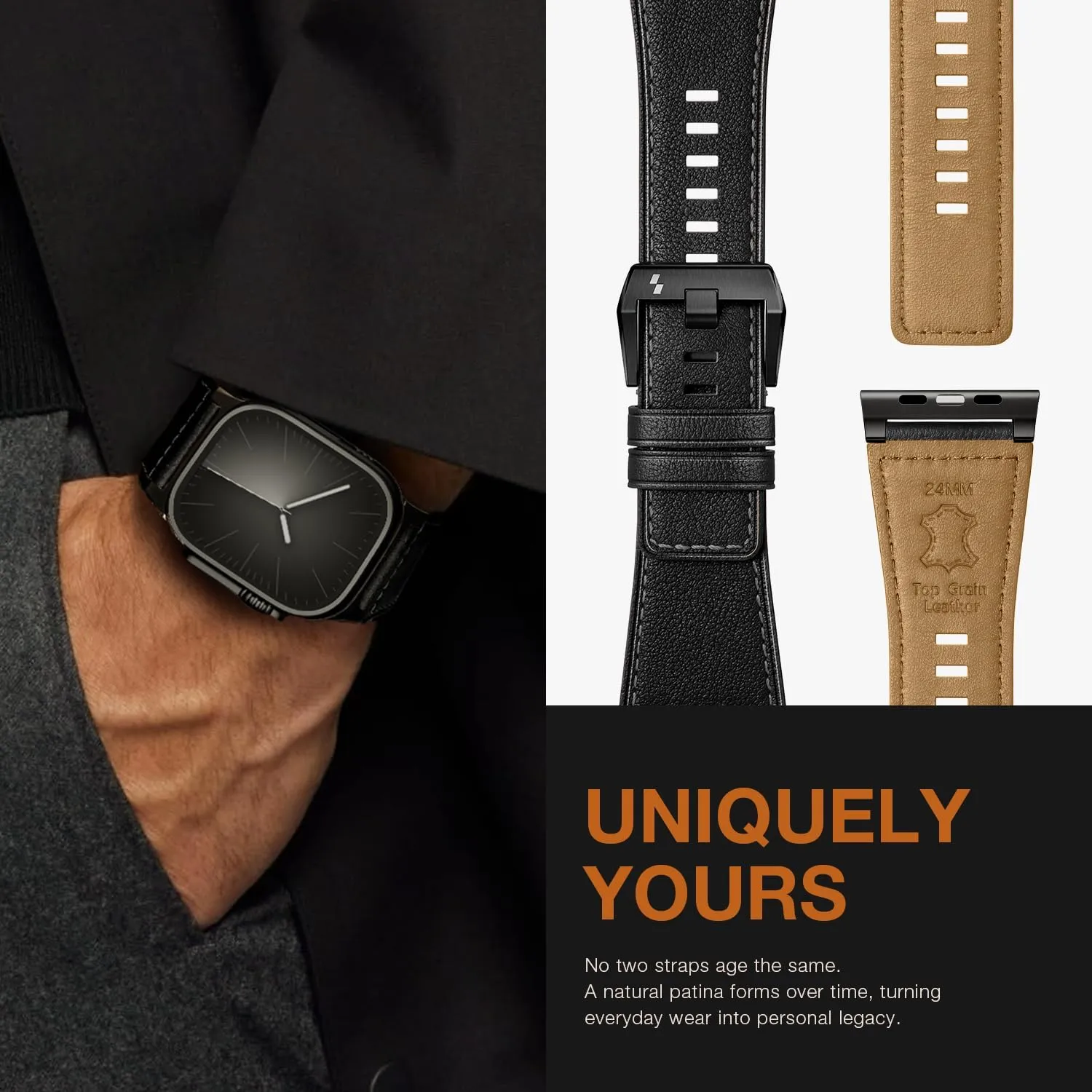 Suitisbest Leather Bands Compatible for Apple Watch Ultra Band 49mm 46mm 45mm 44mm 42mm, Genuine Calfskin Leather Durable Matel Connector Replacement Strap Fits Men iWatch Ultra 10 9 8 7 6 5 4 3 SE