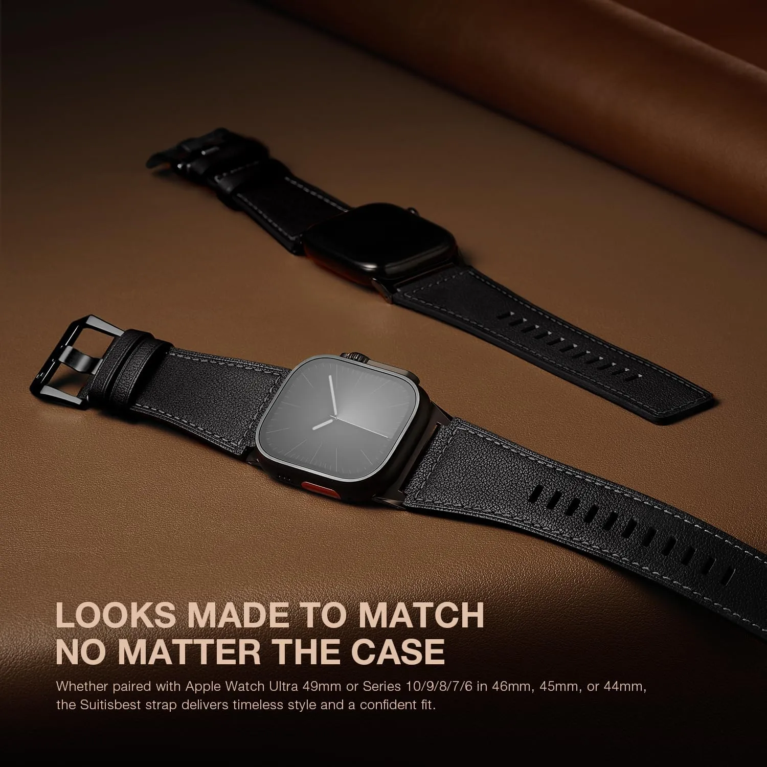 Suitisbest Leather Bands Compatible for Apple Watch Ultra Band 49mm 46mm 45mm 44mm 42mm, Genuine Calfskin Leather Durable Matel Connector Replacement Strap Fits Men iWatch Ultra 10 9 8 7 6 5 4 3 SE