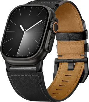 Suitisbest Leather Bands Compatible for Apple Watch Ultra Band 49mm 46mm 45mm 44mm 42mm, Genuine Calfskin Leather Durable Matel Connector Replacement Strap Fits Men iWatch Ultra 10 9 8 7 6 5 4 3 SE